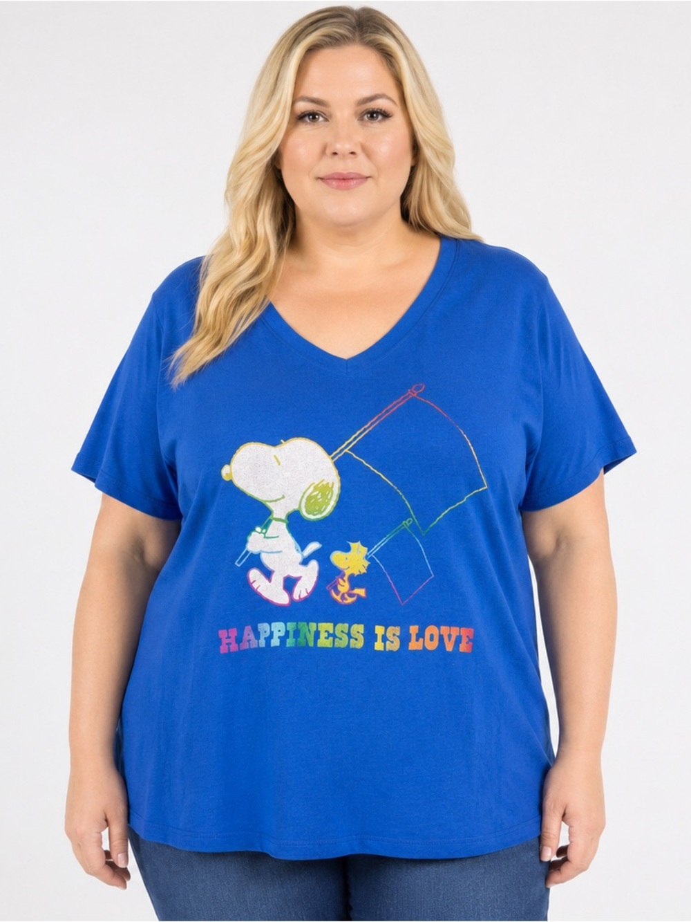 PEANUTS Snoopy & Woodstock Happiness Is Love V-Neck Royal Blue T-Shirt Size 1X